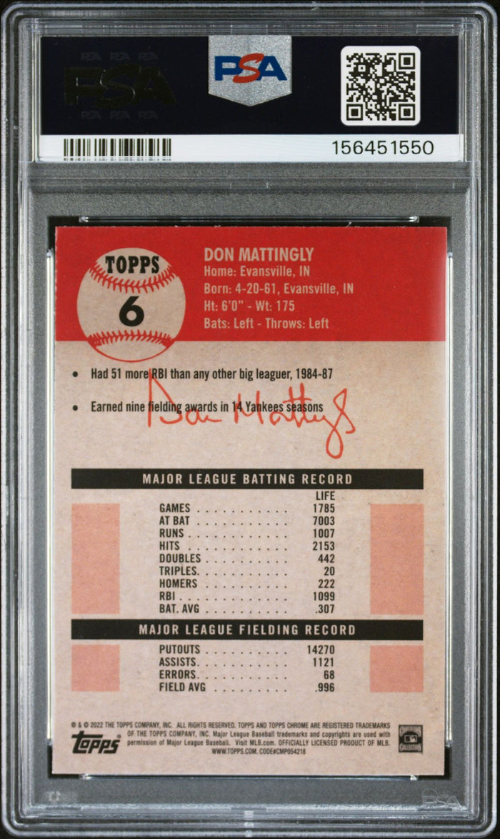 Don Mattingly 2022 Topps Chrome Blue Prism Card #6 PSA 9 Auto 10 156451550