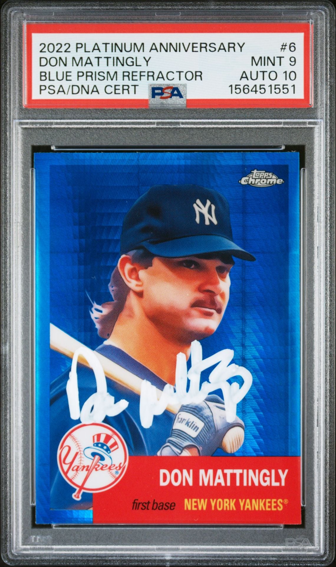 Don Mattingly 2022 Topps Chrome Blue Prism Card #6 PSA 9 Auto 10 156451551