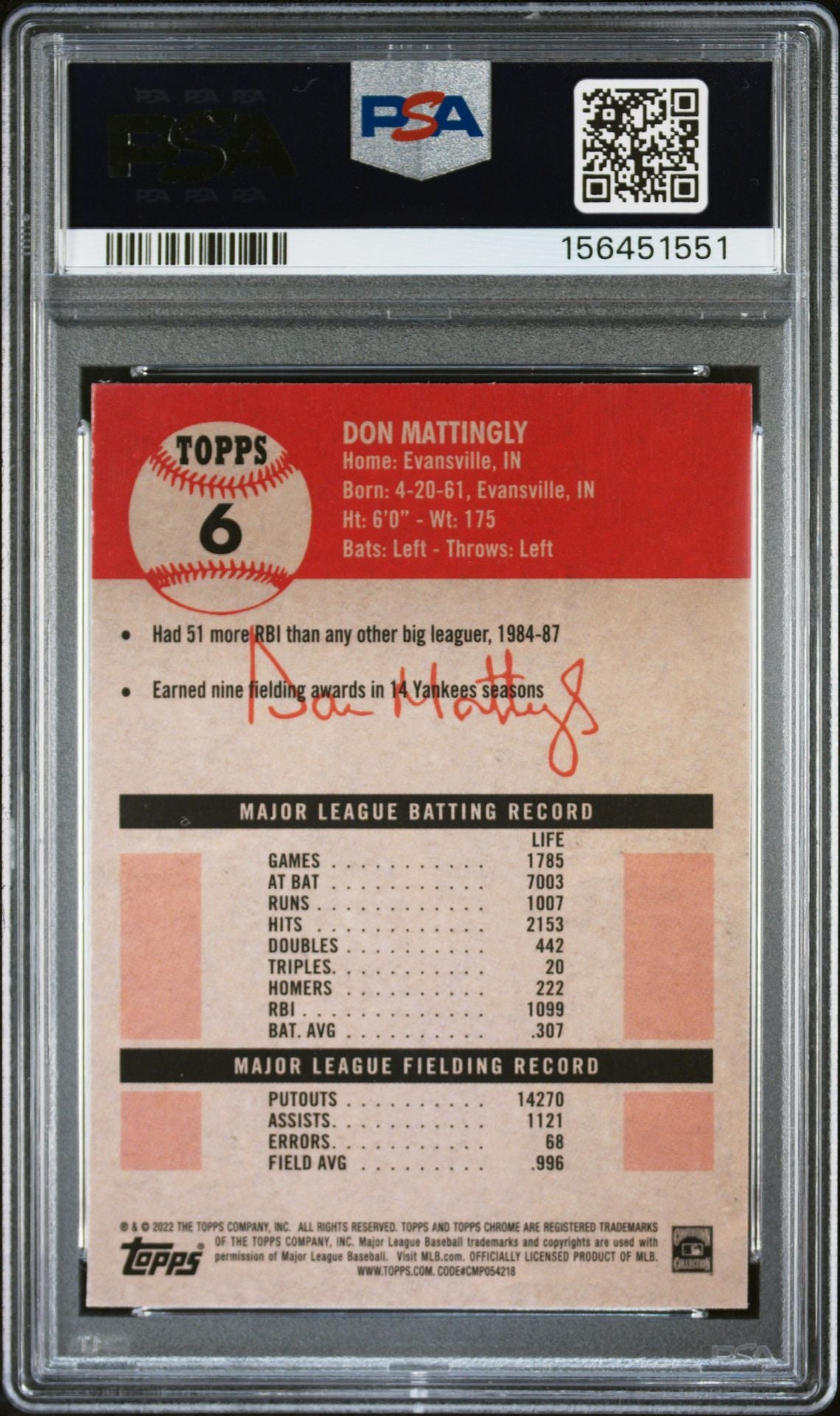 Don Mattingly 2022 Topps Chrome Blue Prism Card #6 PSA 9 Auto 10 156451551