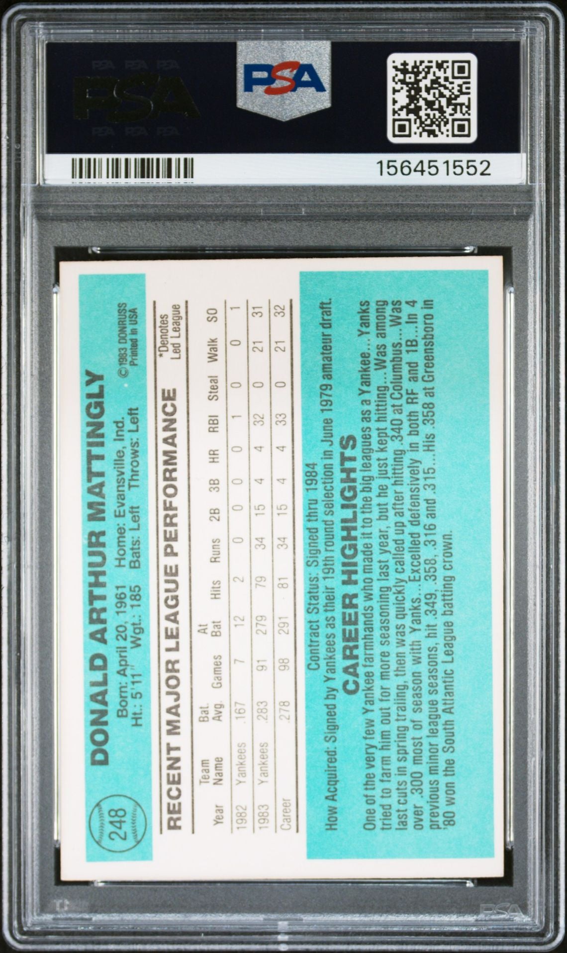 Don Mattingly 1984 Donruss Rookie Card #248 PSA 8 Auto 10