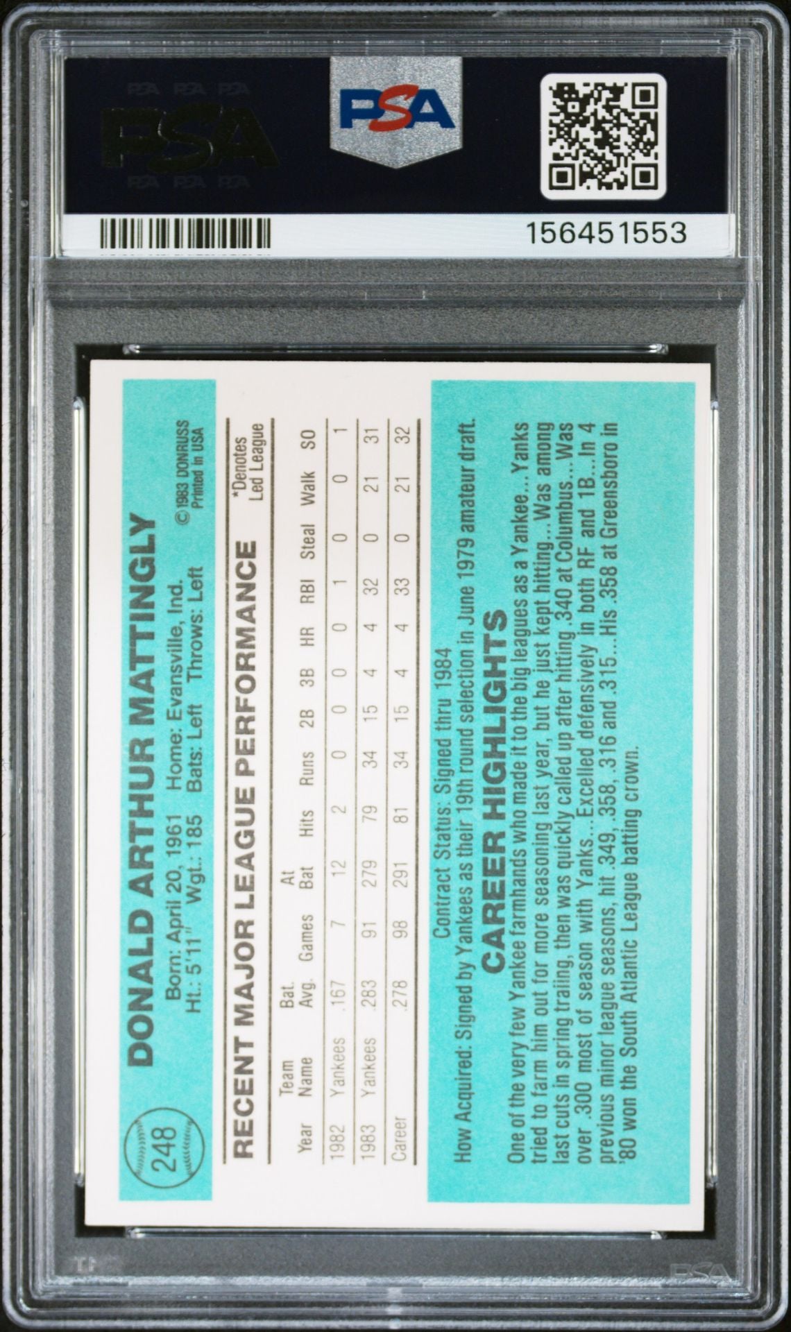 Don Mattingly 1984 Donruss Rookie Card #248 PSA 7 Auto 10