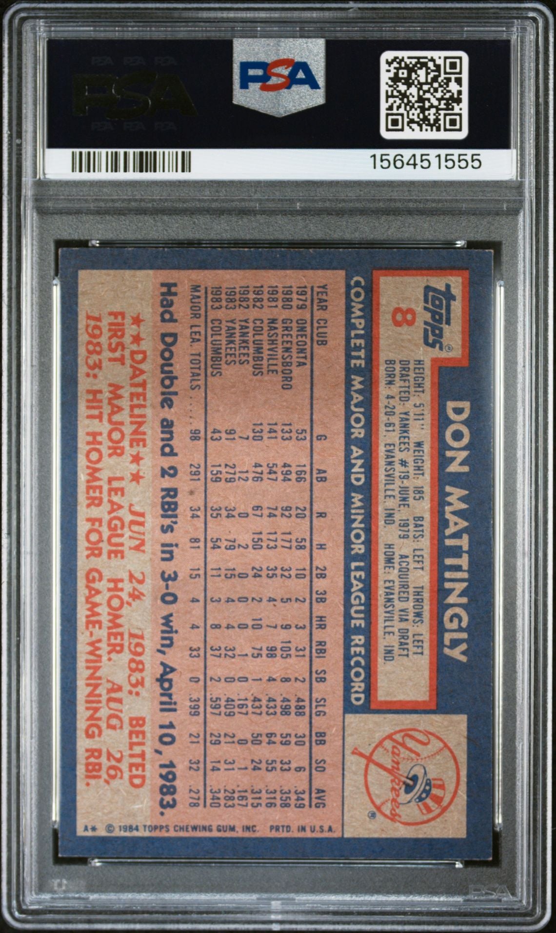 Don Mattingly 1984 Topps Rookie Card #8 PSA 6 Auto 10 156451555