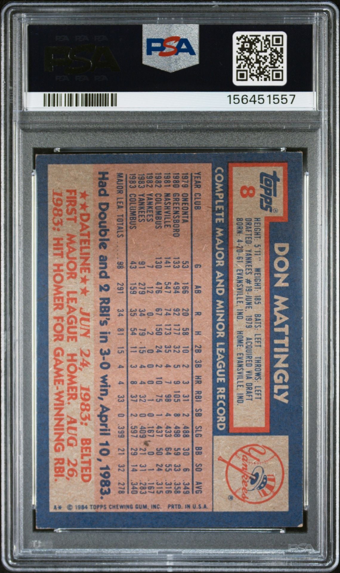 Don Mattingly 1984 Topps Rookie Card #8 PSA 4 Auto 10 156451557