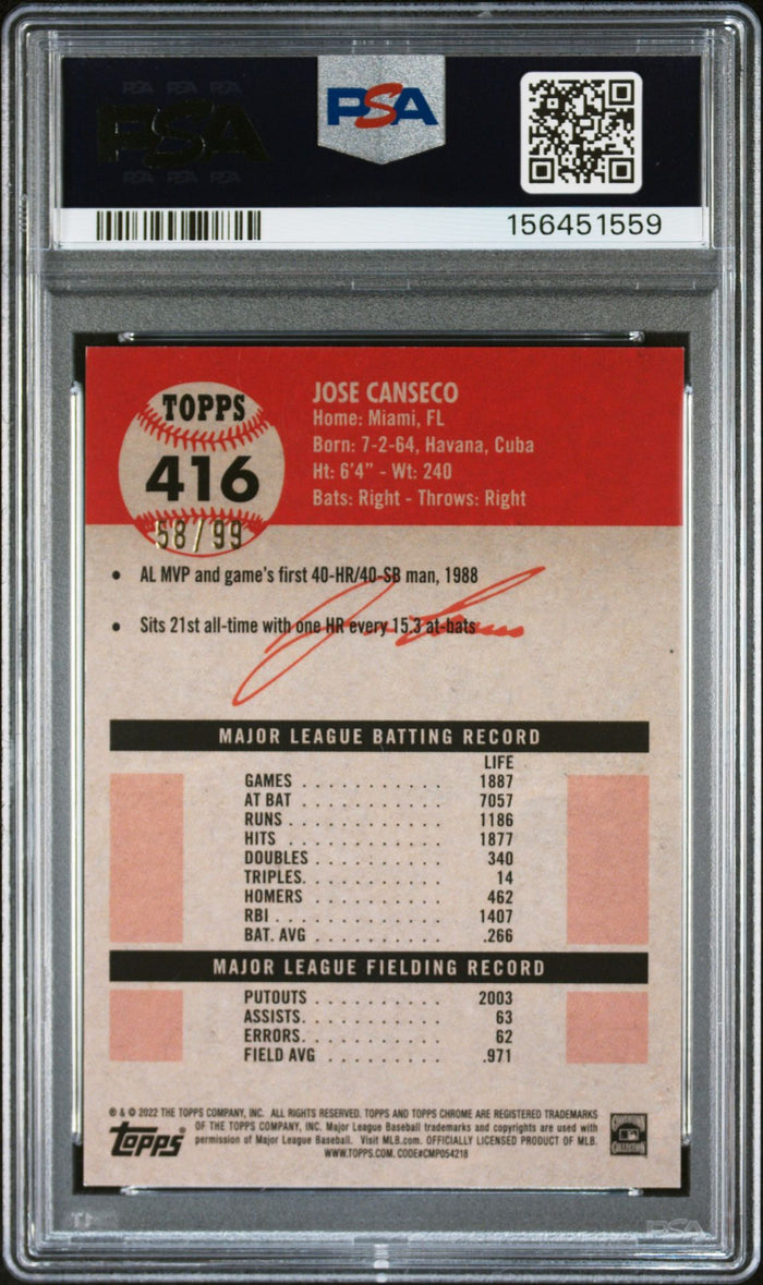 Jose Canseco 2022 Topps Chrome Green  Card 416 PSA 9 Auto 10 58/99