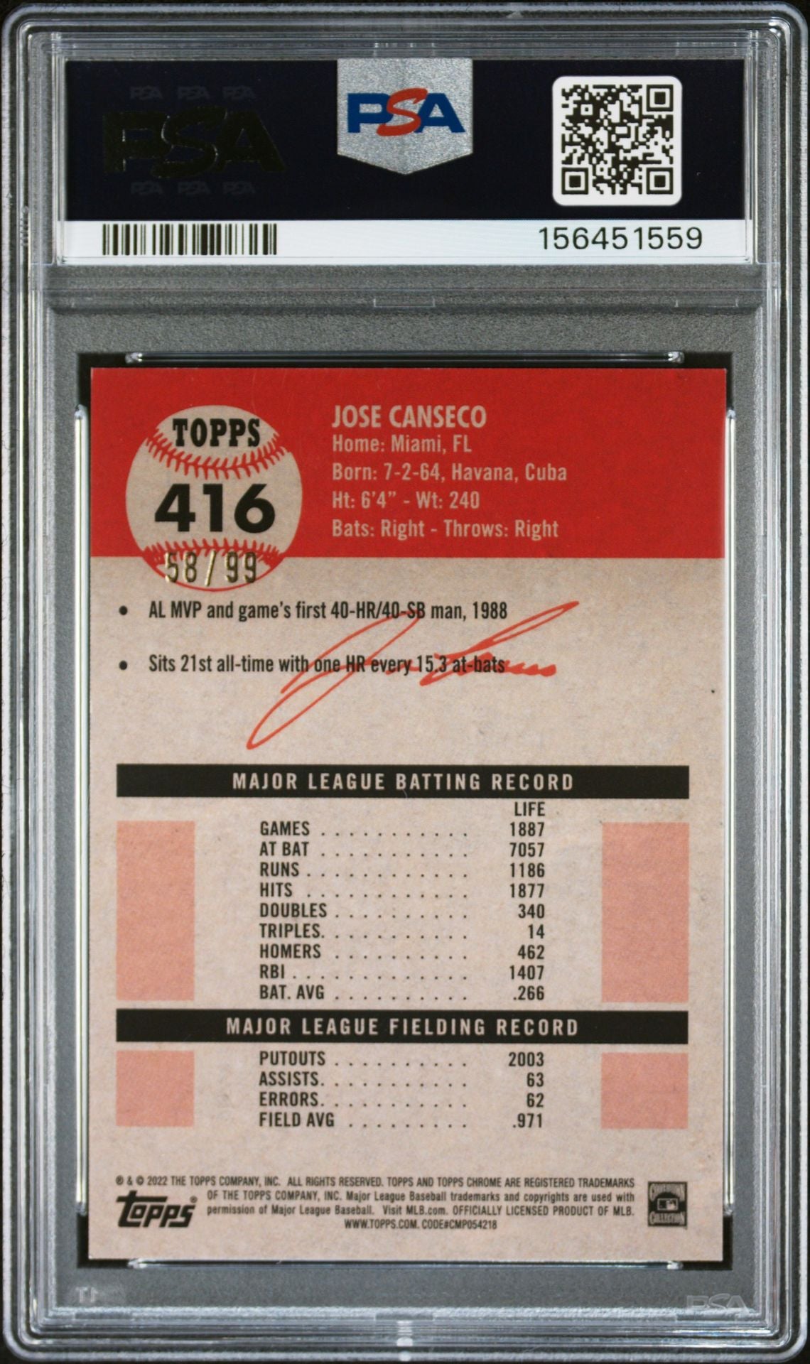 Jose Canseco 2022 Topps Chrome Green  Card 416 PSA 9 Auto 10 58/99