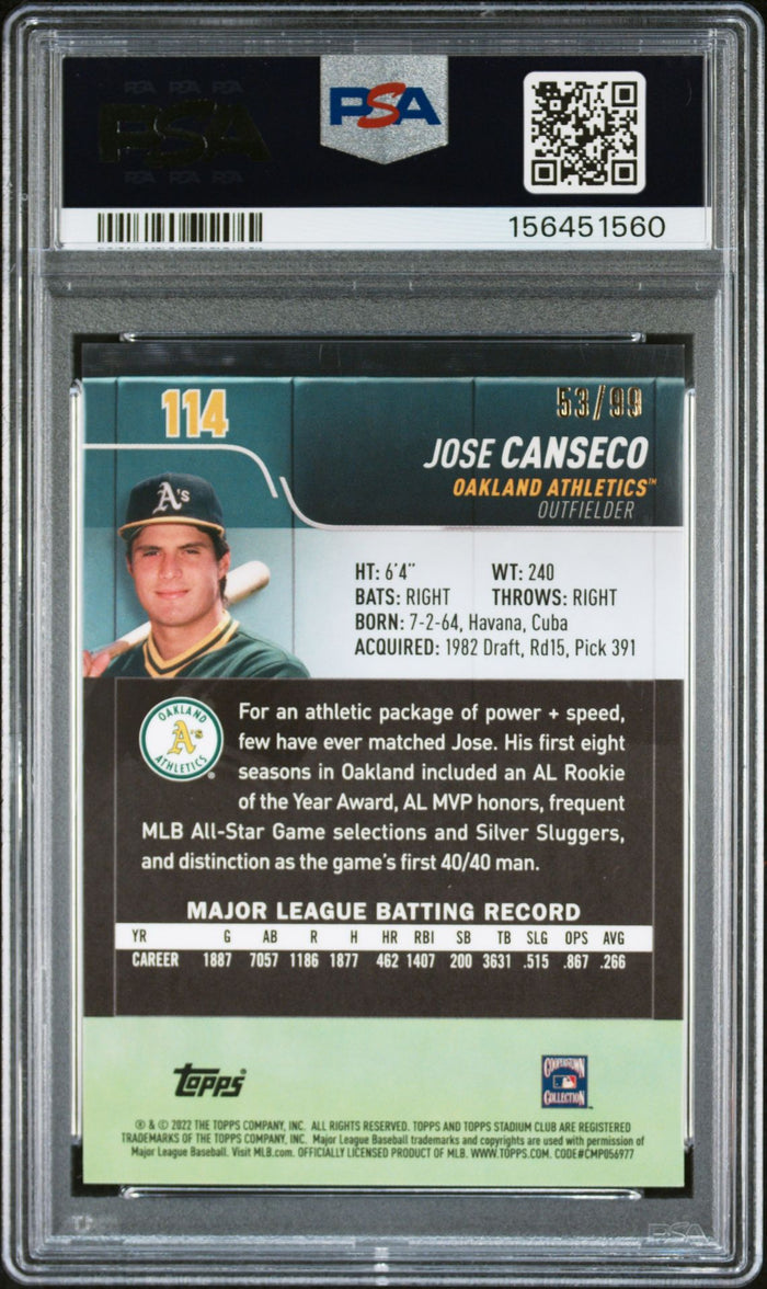 Jose Canseco 2022 Topps Club Chrome Green Card #114 PSA 9 Auto 10 53/99