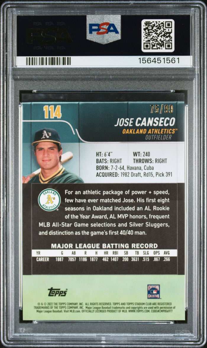 Jose Canseco 2022 Topps Club Chrome Green Card #114 PSA 10 Auto 10 75/99