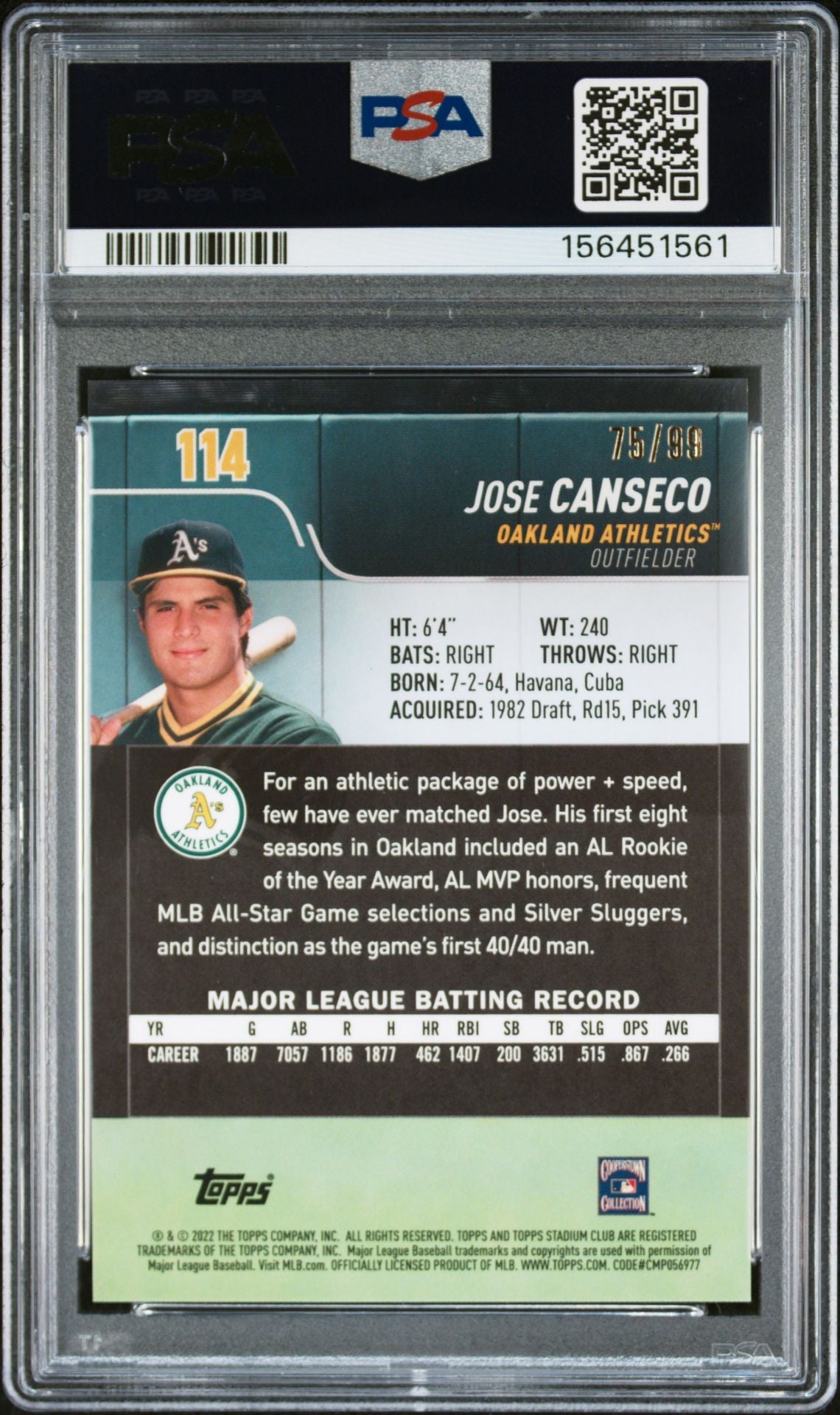 Jose Canseco 2022 Topps Club Chrome Green Card #114 PSA 10 Auto 10 75/99