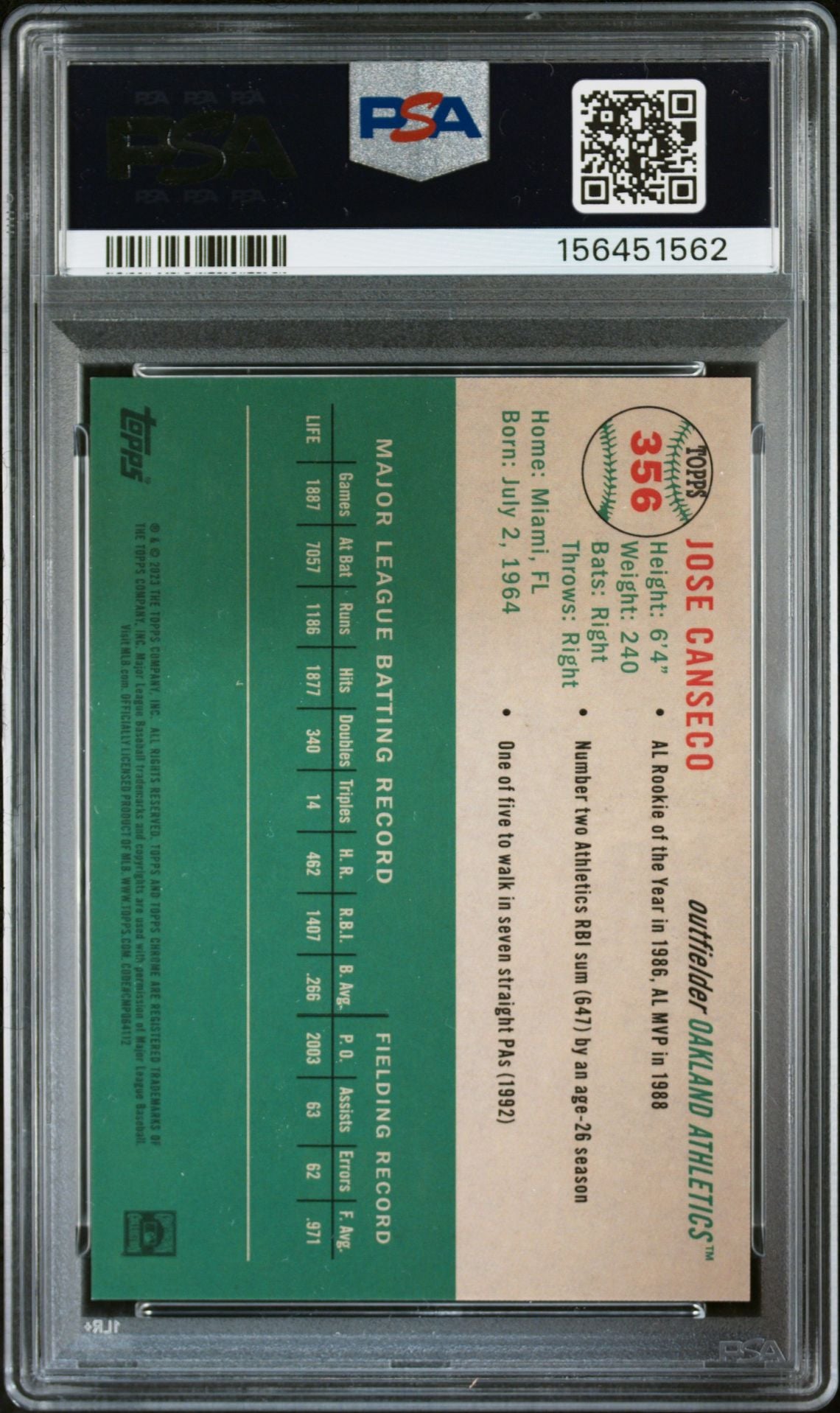 Jose Canseco 2023 Topps Chrome Green Card 356 PSA 9 Auto 10 32/99