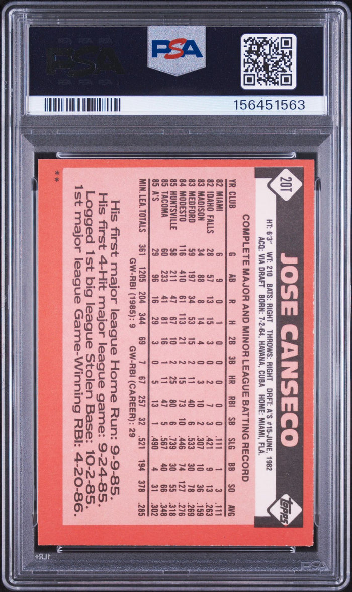 Jose Canseco 1986 Topps Traded Rookie Card #20T PSA 6 Auto 10 156451563