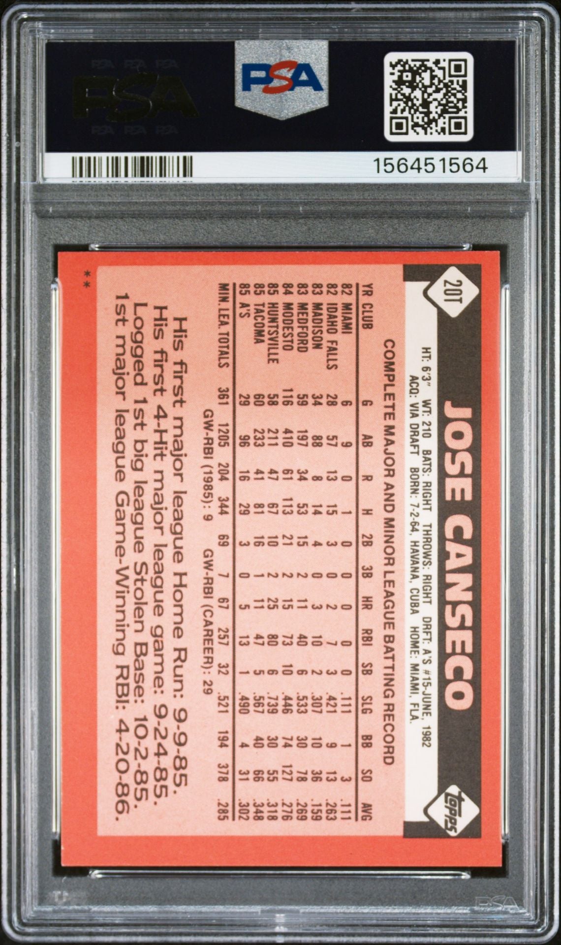 Jose Canseco 1986 Topps Traded Rookie Card #20T PSA 6 Auto 10 156451564