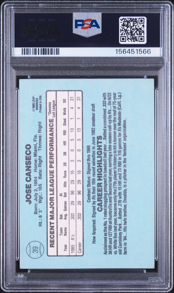 Jose Canseco 1986 Donruss Rookie Card #39 PSA 4 Auto 9 156451566