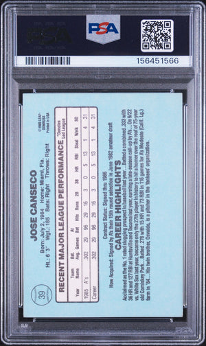 Jose Canseco 1986 Donruss Rookie Card #39 PSA 4 Auto 9 156451566