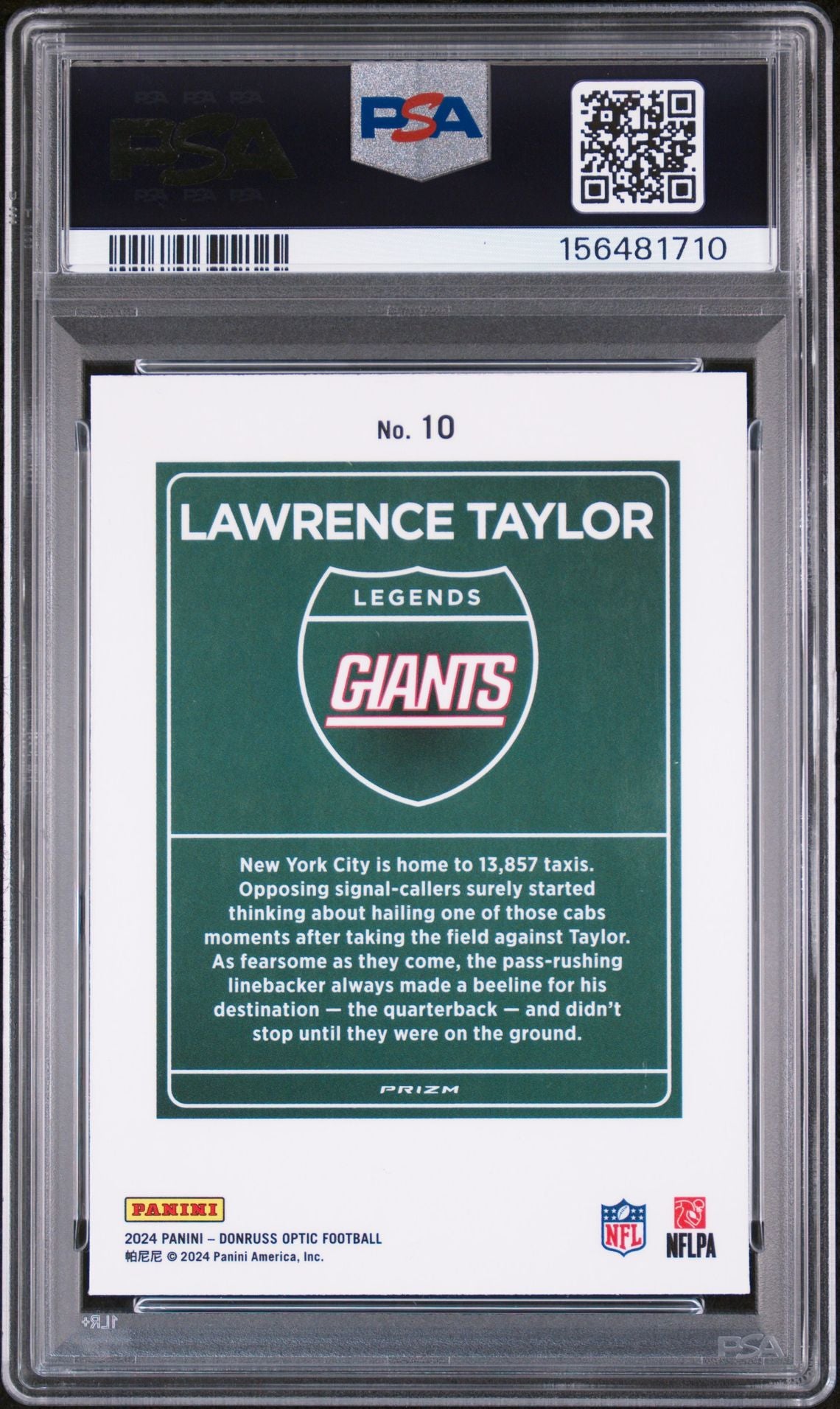 Lawrence Taylor 2024 Donruss Optic Downtown Legends New York Giants Signed Football Card #10 Graded PSA 9 Auto 9 Cert #156481710