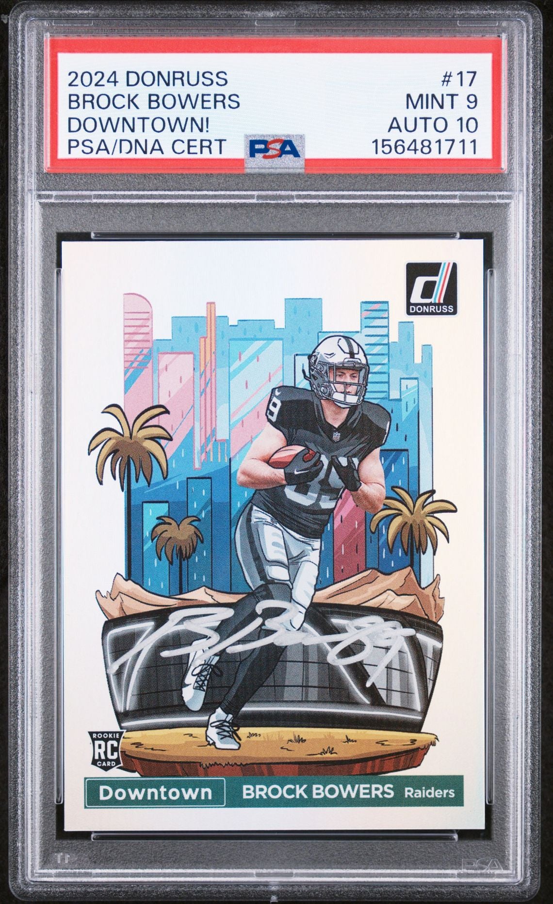 Brock Bowers 2024 Donruss Downtown Las Vegas Raiders Signed Football RC Rookie Card #17 Graded PSA 9 Auto 10 Cert #156481711