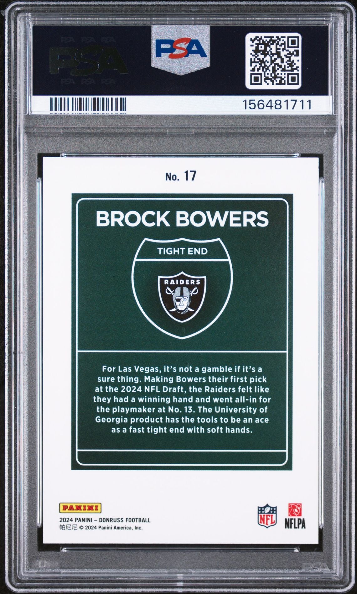 Brock Bowers 2024 Donruss Downtown Las Vegas Raiders Signed Football RC Rookie Card #17 Graded PSA 9 Auto 10 Cert #156481711