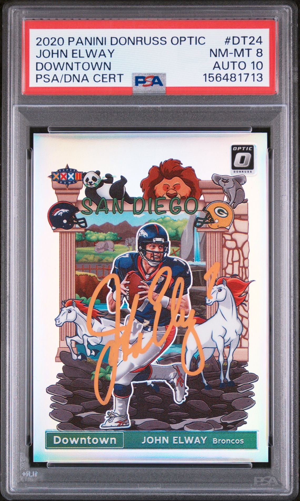 John Elway 2020 Panini Donruss Optic Downtown Denver Broncos Signed Football Card #DT24 Graded PSA 8 Auto 10 Cert #156481713
