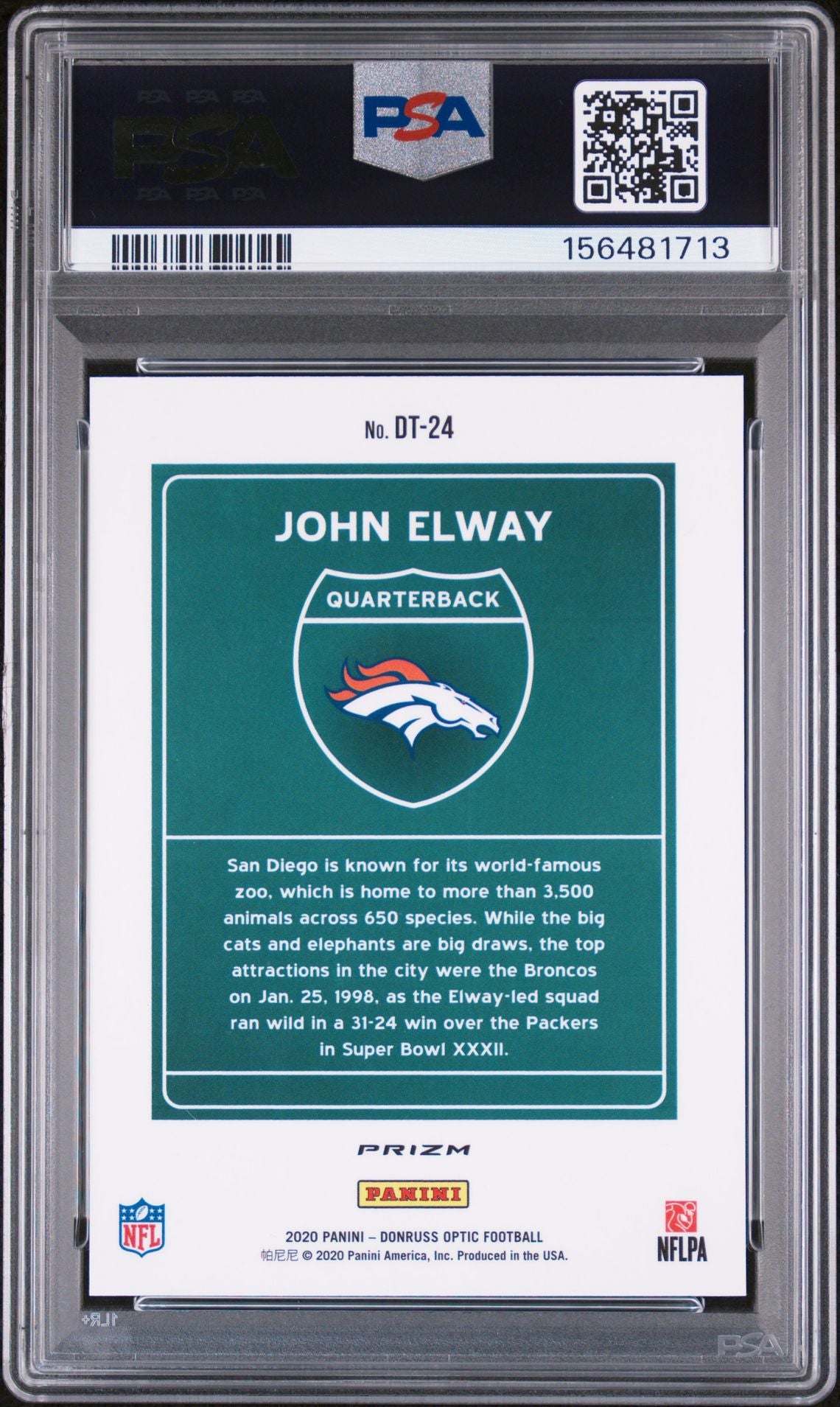 John Elway 2020 Panini Donruss Optic Downtown Denver Broncos Signed Football Card #DT24 Graded PSA 8 Auto 10 Cert #156481713
