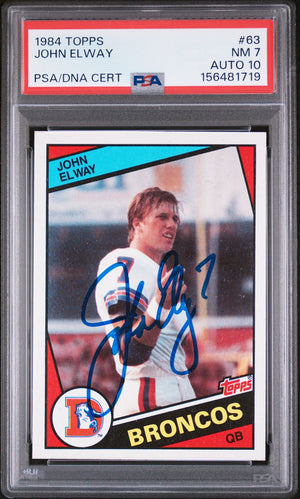 John Elway 1984 Topps Denver Broncos Signed Football RC Rookie Card #63 Graded PSA 7 Auto 10 Cert #156481719