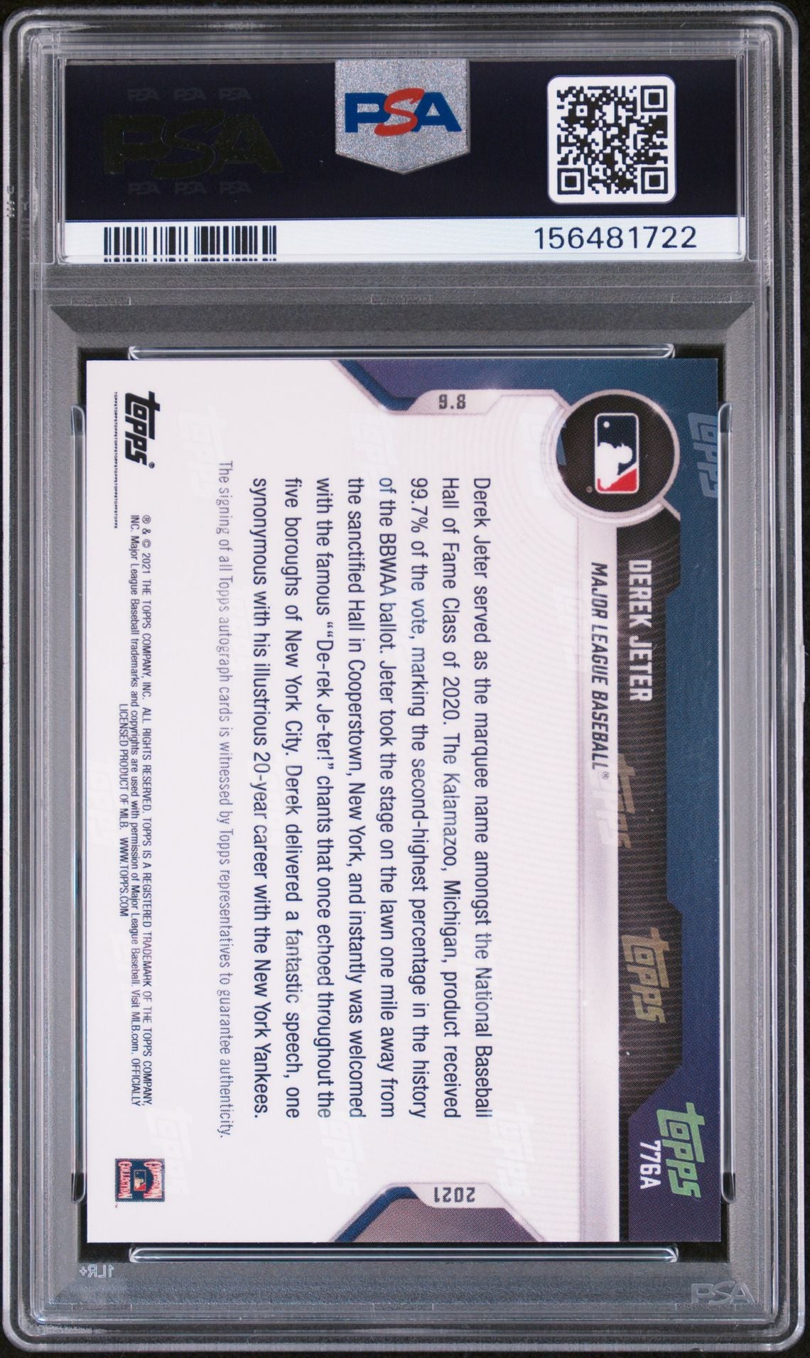 Derek Jeter 2021 Topps Now New York Yankees Hall of Fame HOF Signed Baseball Card #776A Graded PSA 10 Auto 10 Cert #156481722