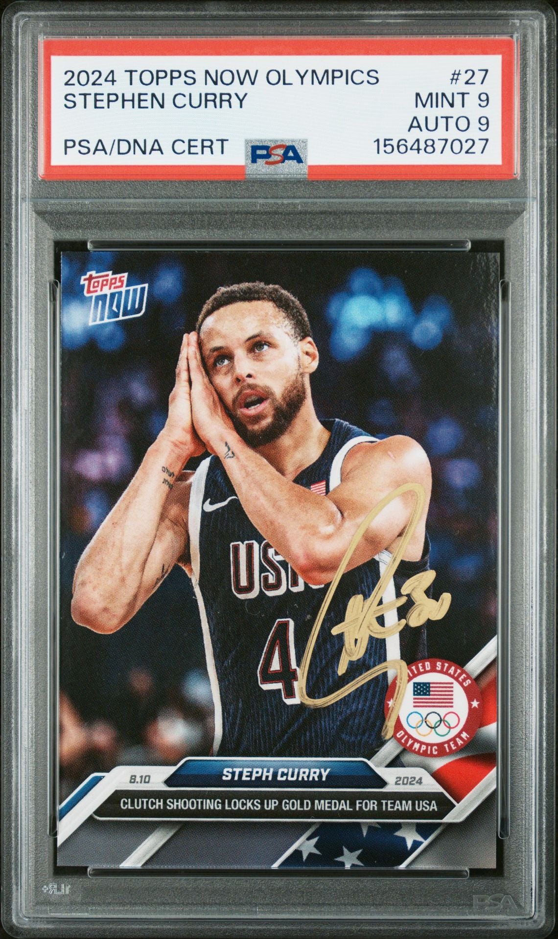 Stephen Curry 2024 Topps Now Olympics Team USA Night Night Signed Basketball Card #27 Graded PSA 9 Auto 9 Cert #156487027