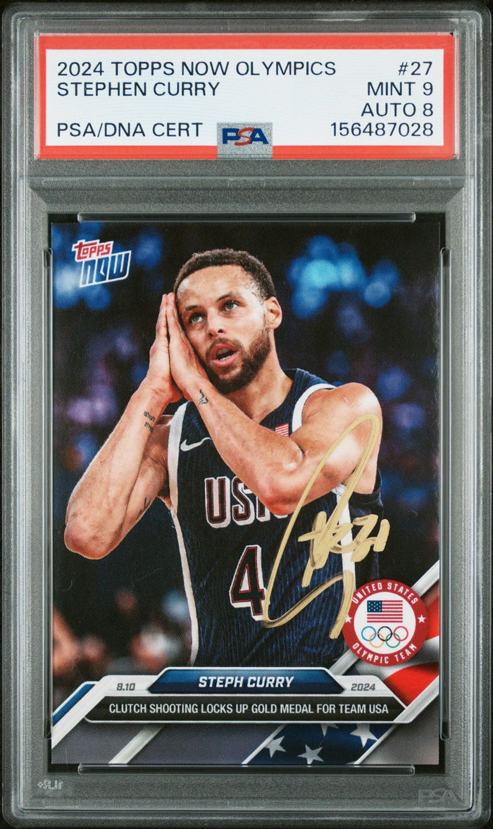 Stephen Curry 2024 Topps Now Olympics Team USA Night Night Signed Basketball Card #27 Graded PSA 9 Auto 8 Cert #156487028-Powers Sports Memorabilia