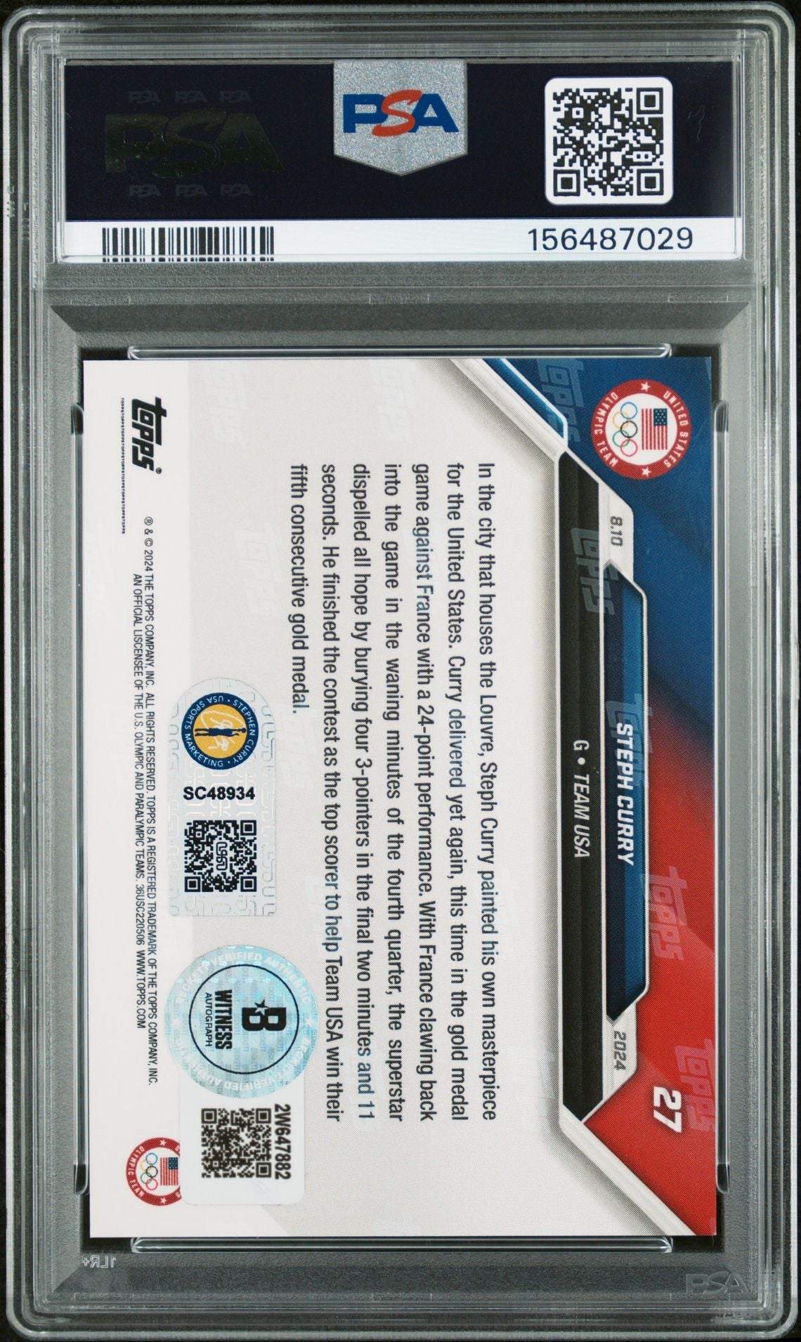 Stephen Curry 2024 Topps Now Olympics Team USA Night Night Signed Basketball Card #27 Graded PSA 9 Auto 8 Cert #156487029