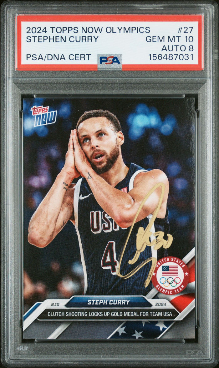 Stephen Curry 2024 Topps Now Olympics Team USA Night Night Signed Basketball Card #27 Graded PSA 10 Auto 8 Cert #156487031-Powers Sports Memorabilia