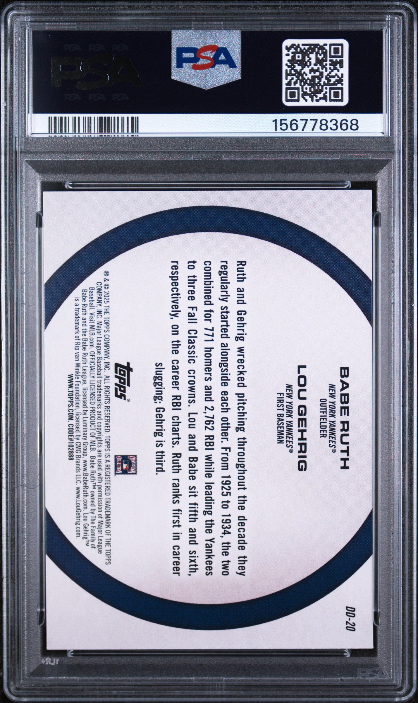 Babe Ruth Lou Gehrig 2025 Topps Dynamic Duos Card #DD20 PSA 10
