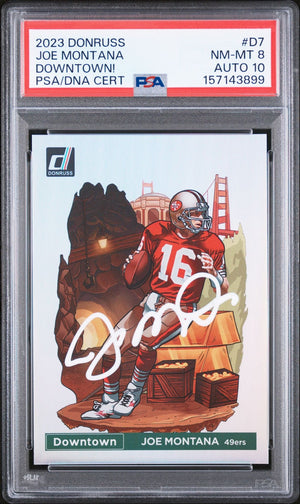 Joe Montana 2023 Donruss Downtown! Signed San Francisco 49ers Football Card #D7 Graded PSA 8 Auto 10 Cert #157143899