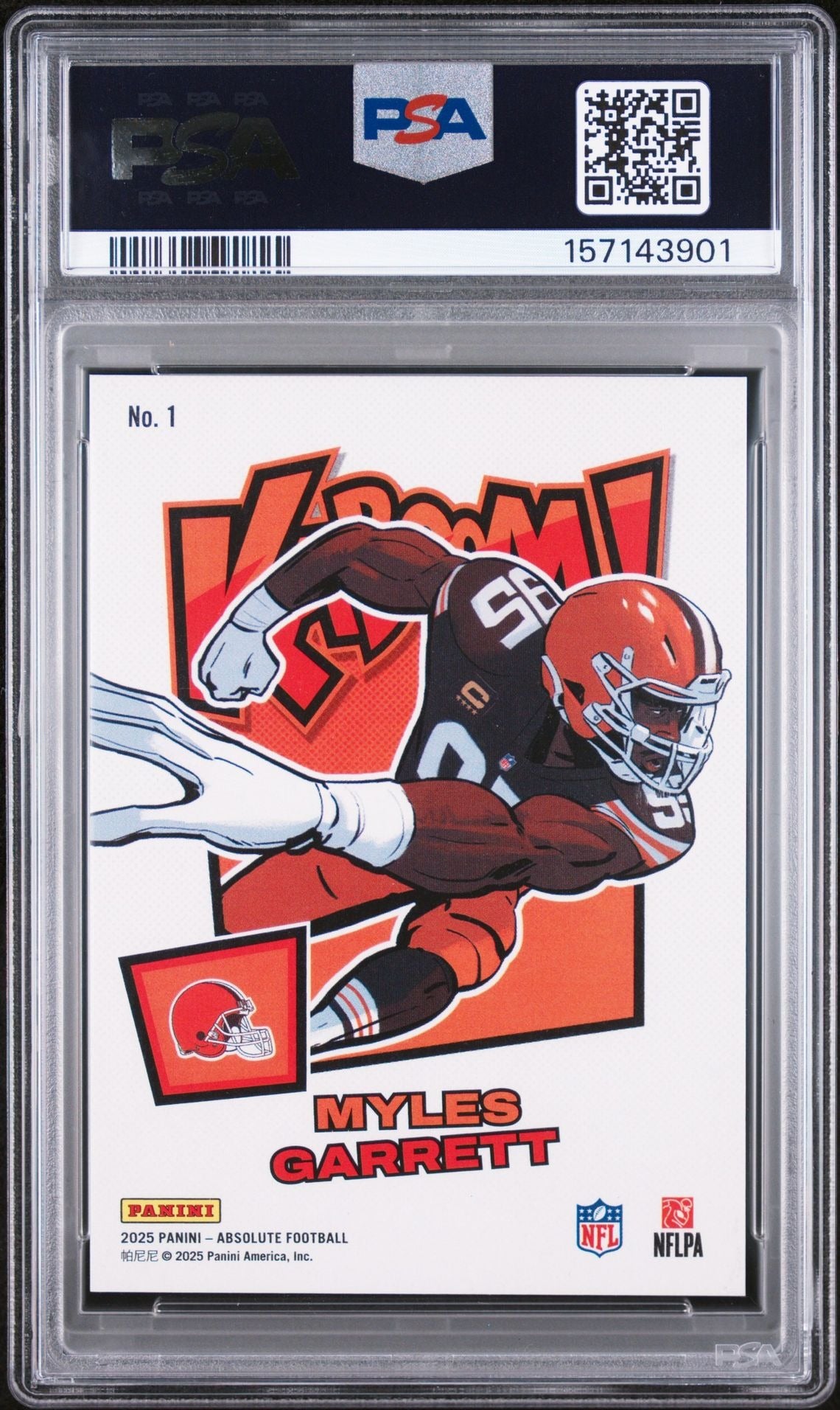 Myles Garrett 2025 Panini Absolute Kaboom! Horizontal Signed Cleveland Browns Football Card #1 Graded PSA 9 Auto 10 Cert #157143901