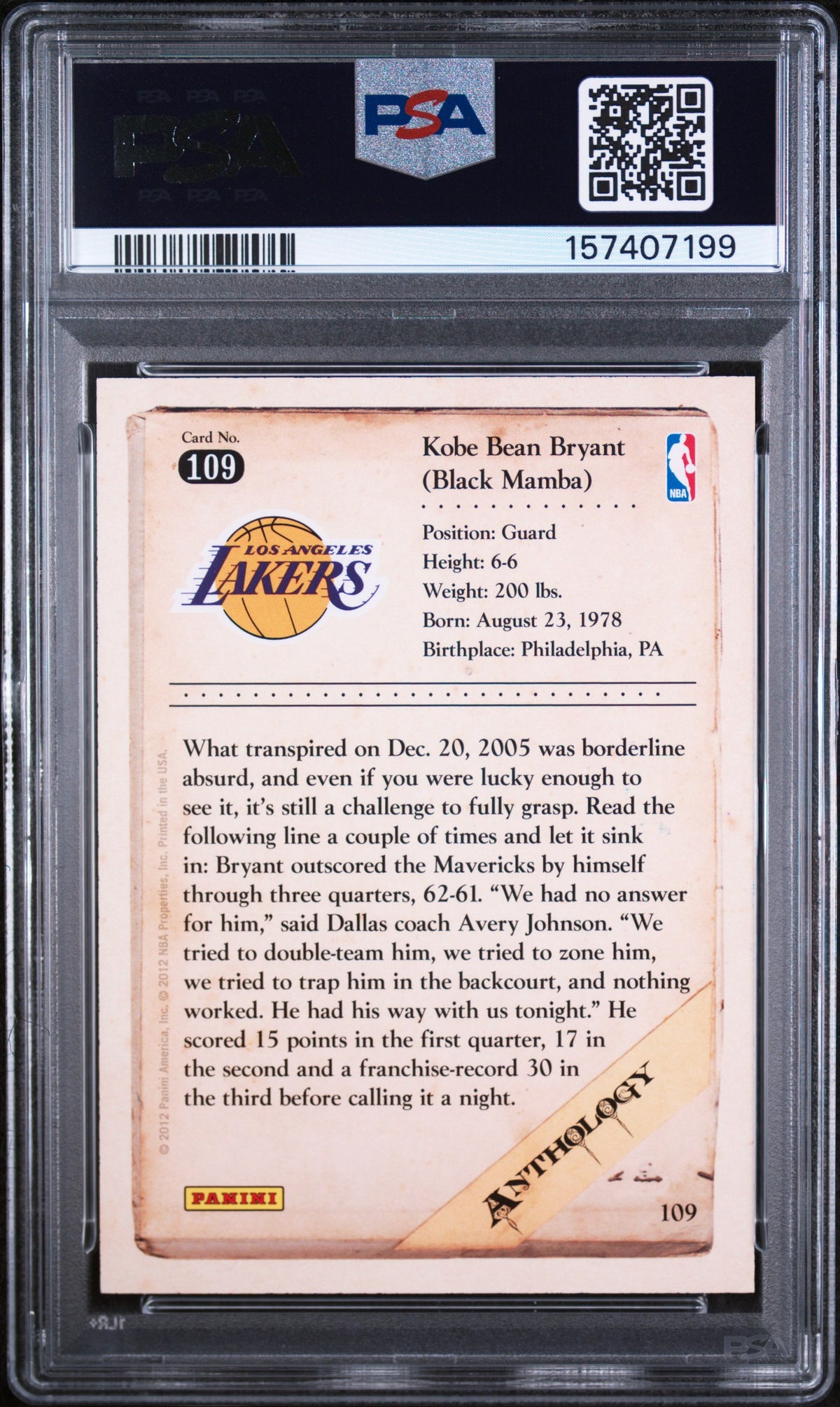 Kobe Bryant 2012 Panini Kobe Anthology Lakers Card #109 PSA 9