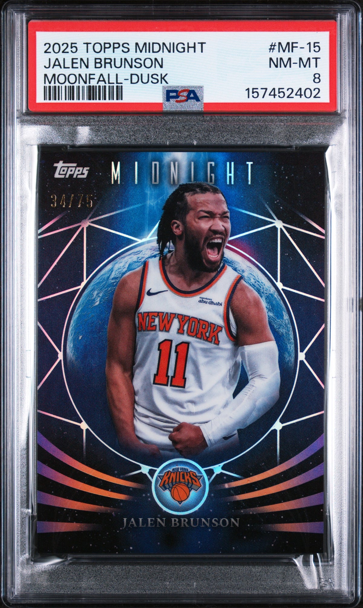 Jalen Brunson 2025 Topps Midnight Moonfall-Dusk New York Knicks Basketball Card #MF-15 Graded PSA 8 Cert #157452402 34/75