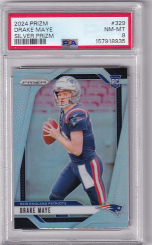 Drake Maye 2024 Panini Prizm Silver Rookie Card #329 PSA 8