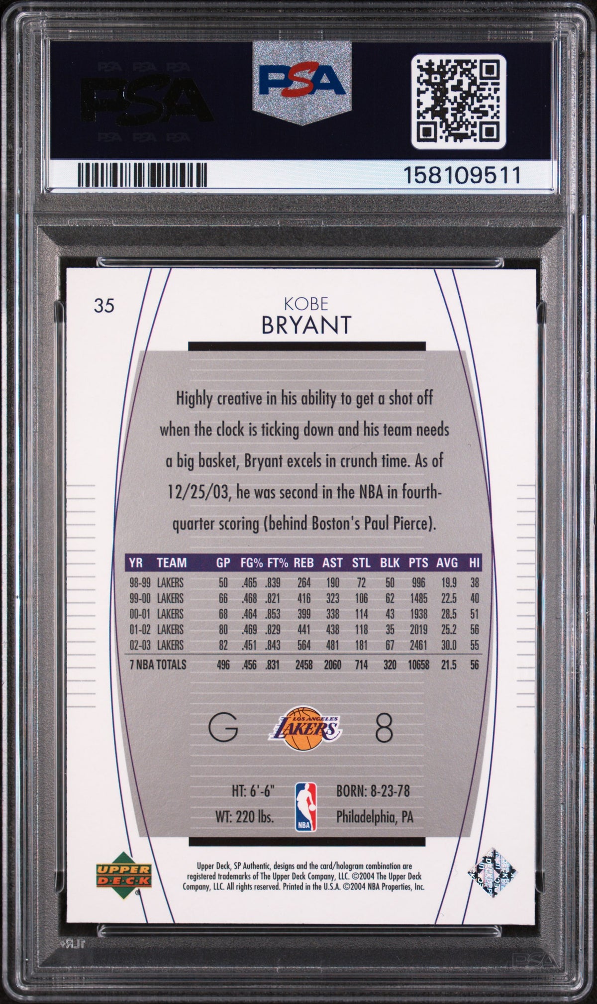 Kobe Bryant 2003 SP Authentic Lakers Card #35 PSA 9