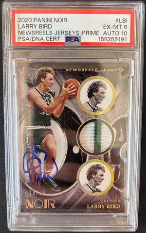 Larry Bird 2020 Noir Game Used Patch Card #LBI PSA 6 Auto 10 10/25-Powers Sports Memorabilia