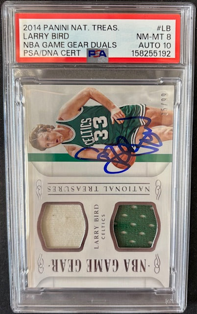 Larry Bird 2014 National Treasures Game Used Patch Card #LB PSA 8 Auto 10 50/99-Powers Sports Memorabilia