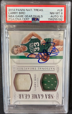 Larry Bird 2014 National Treasures Game Used Patch Card #LB PSA 8 Auto 10 50/99-Powers Sports Memorabilia