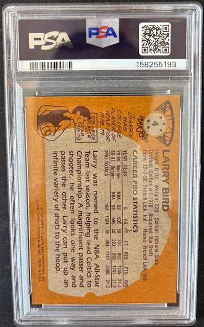 Larry Bird 1981 Topps Signed Card #4 PSA 8 Auto 7 158255193-Powers Sports Memorabilia