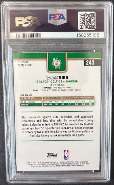 Larry Bird 2025 Topps Chrome Green Card #243 PSA 9 Auto 10 32/99-Powers Sports Memorabilia