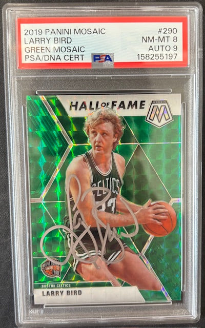 Larry Bird 2019 Panini Mosaic Green Card #290 PSA 8 Auto 9-Powers Sports Memorabilia