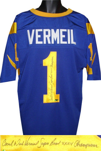 Dick Vermeil Autographed Blue TB Custom Stitched Pro Style Football Jersey w/ dual Coach & Super Bowl XXXIV Champions XL-Powers Sports Memorabilia