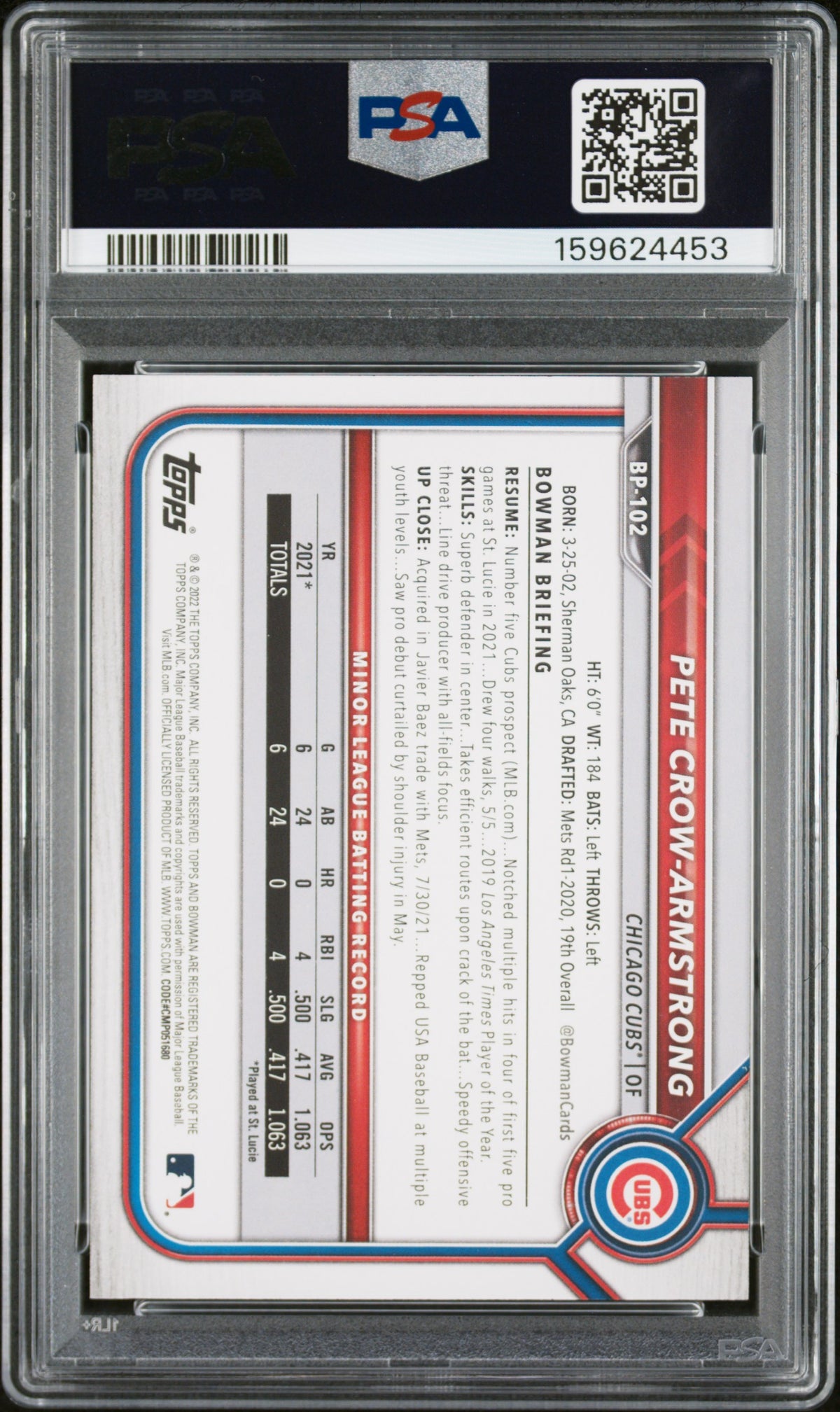 Pete Crow-Armstrong 2022 Bowman Neon Green Rookie Card #BP102 PSA 8 /399-Powers Sports Memorabilia