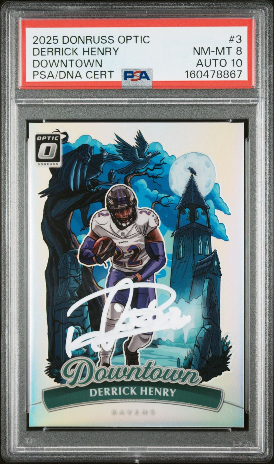 Derrick Henry 2025 Donruss Optic Downtown Card #3 PSA 8 Auto 10