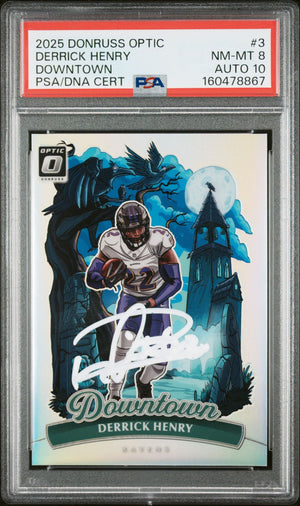 Derrick Henry 2025 Donruss Optic Downtown Card #3 PSA 8 Auto 10