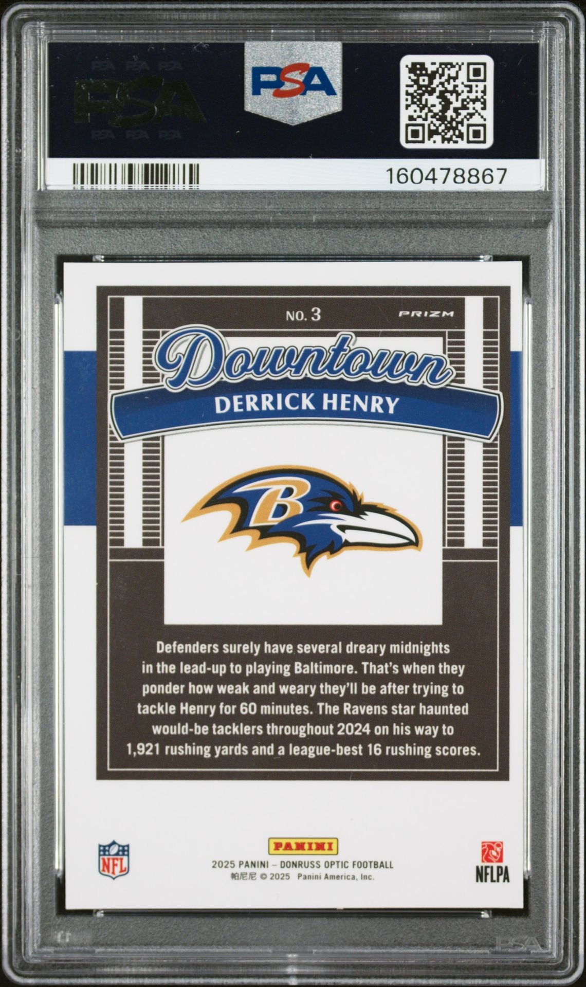 Derrick Henry 2025 Donruss Optic Downtown Card #3 PSA 8 Auto 10