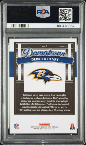 Derrick Henry 2025 Donruss Optic Downtown Card #3 PSA 8 Auto 10