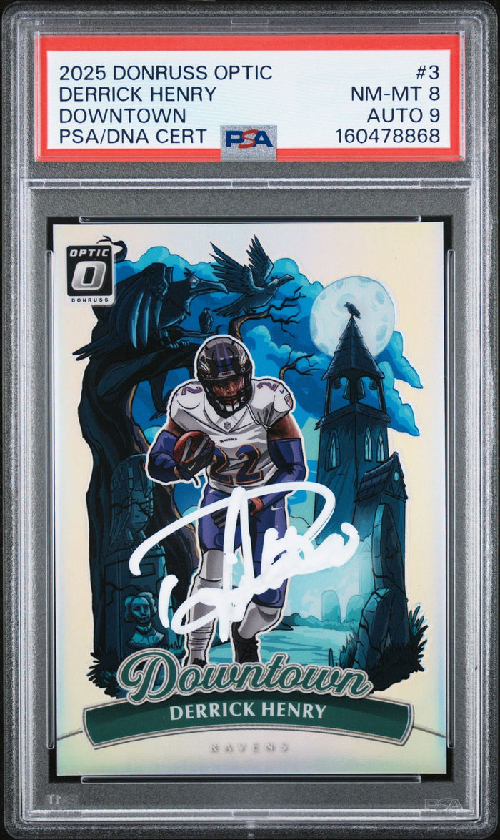 Derrick Henry 2025 Donruss Optic Downtown Card #3 PSA 8 Auto 9-Powers Sports Memorabilia
