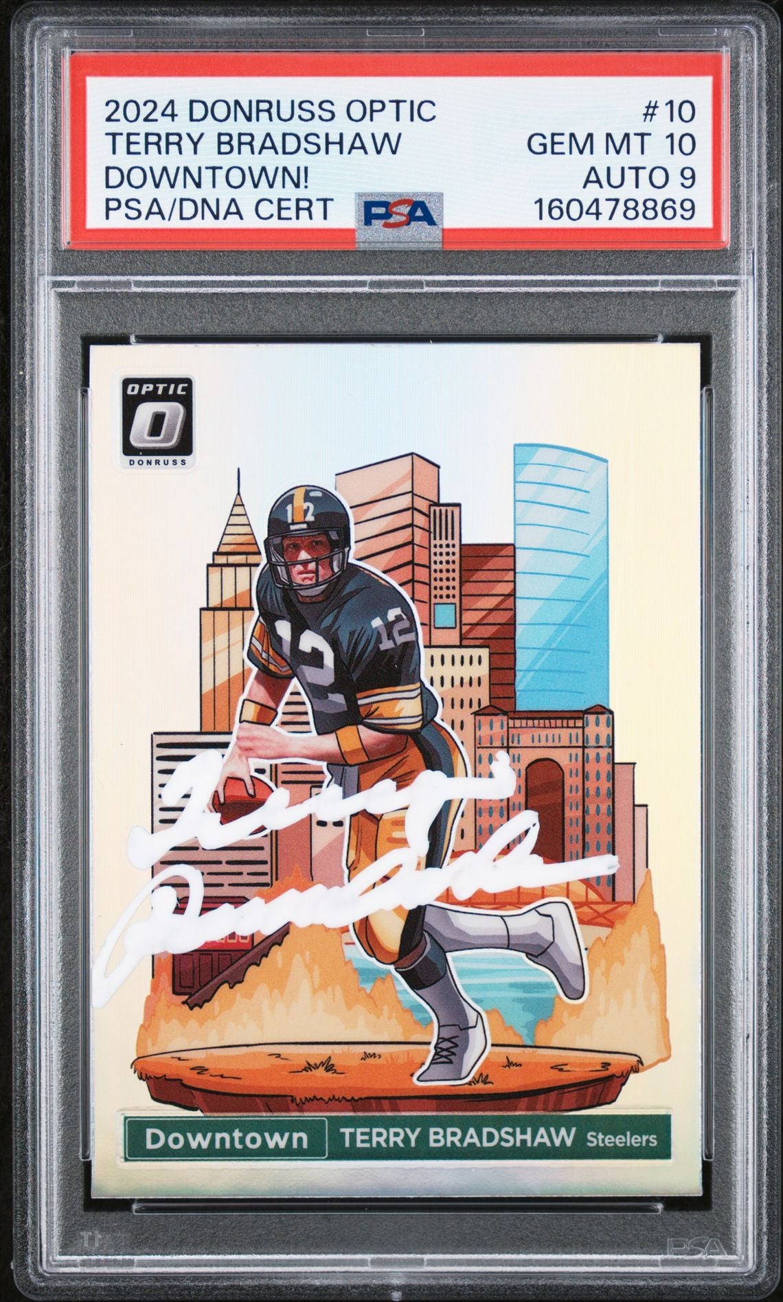 Terry Bradshaw 2024 Donruss Optic Downtown Card #10 PSA 10 Auto 9