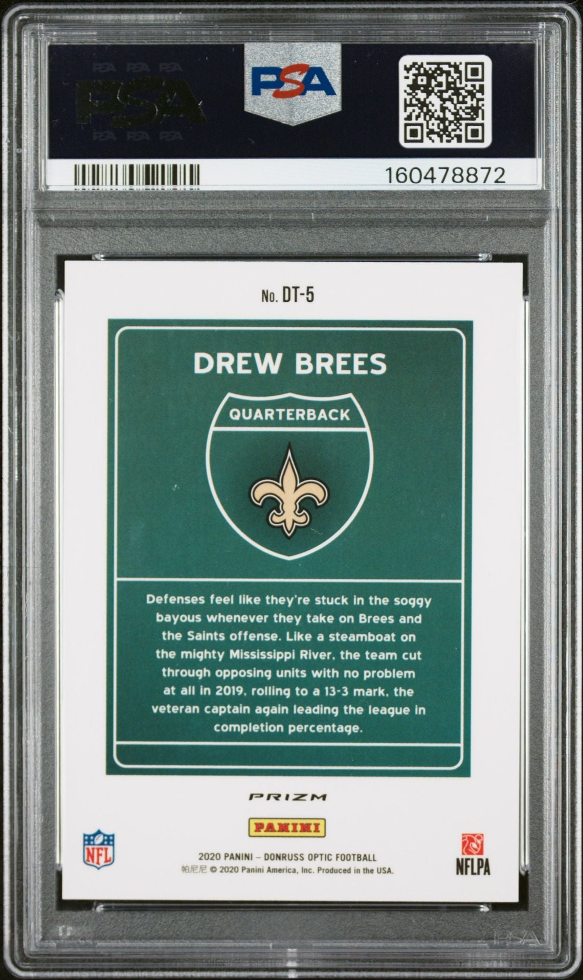 Drew Brees 2020 Panini Donruss Optic Downtown Card #DT5 PSA 8 Auto 8